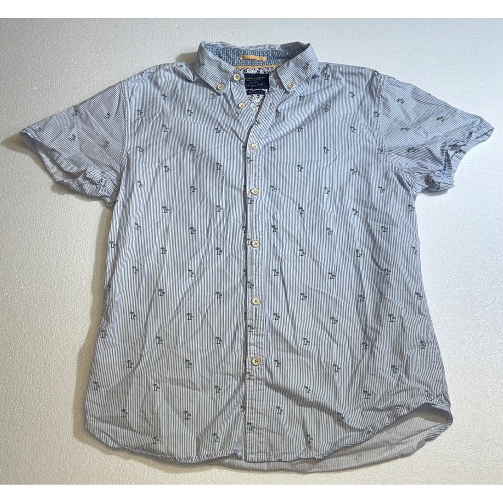 Denim & Flower Ricky Singh Mens Small Slim Fit Palm Tree Stripe Shirt Blue White
